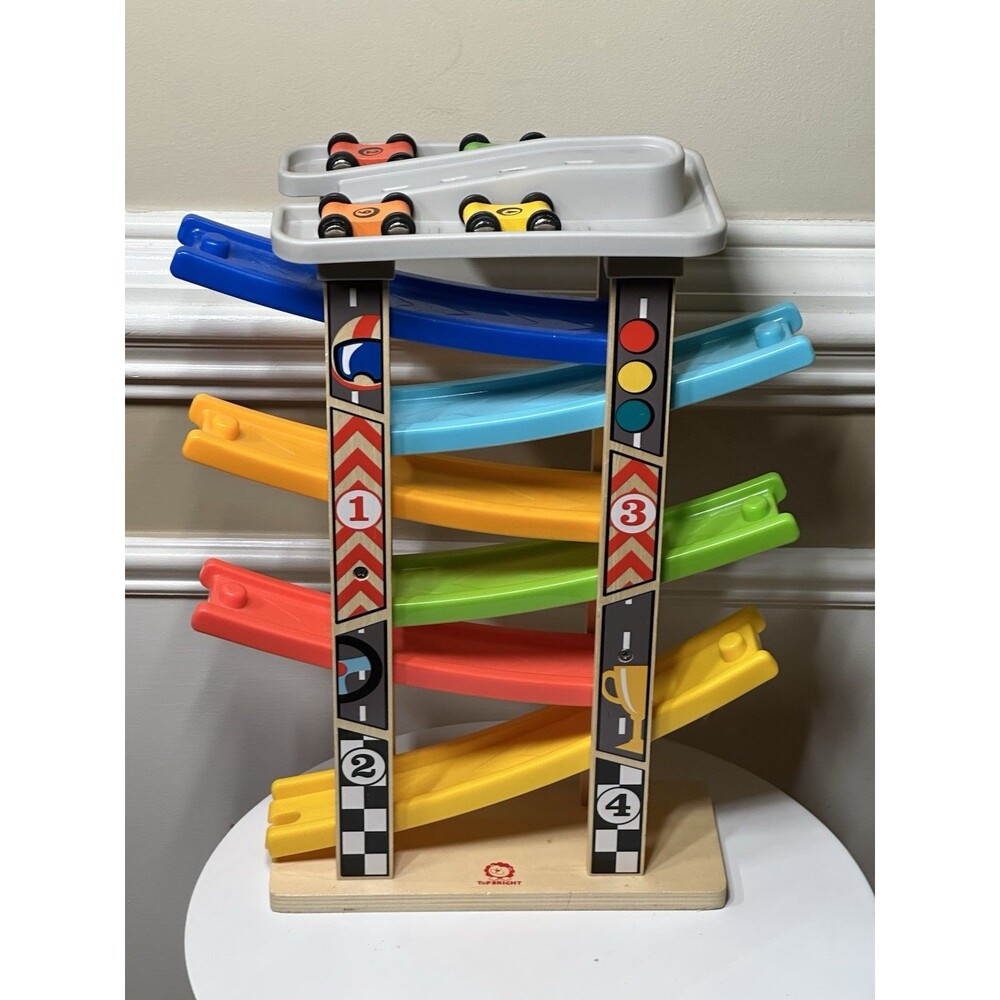 TOP BRIGHT Montessori Wooden Car Race Ramp with 4 Wooden Cars